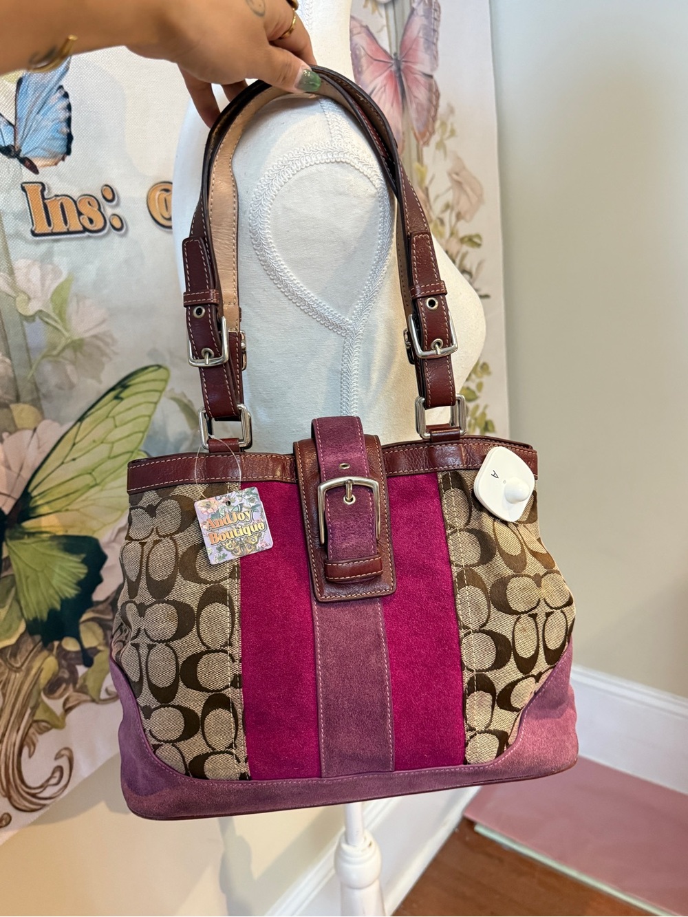 Coach Pink Suede & Signature Canvas Small Tote